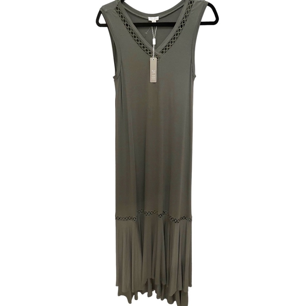 Spense Olive Green Sleeveless Embroidery Detail Flare Skirt Maxi Dress L NWT